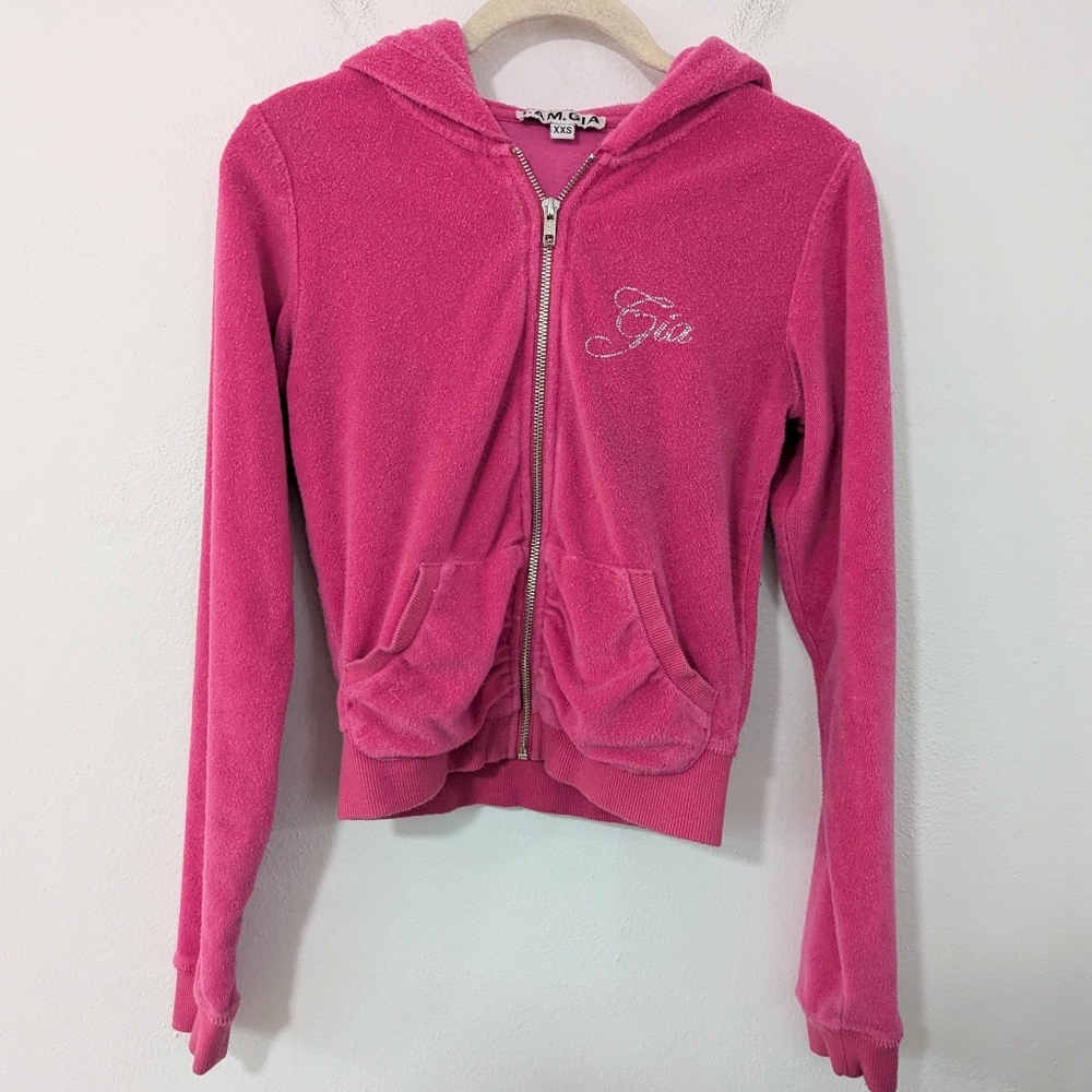 I.AM.GIA French Terry Zip Up Hoodie Scrunched Pocket Beaded Logo Pink XXS